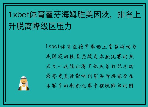 1xbet体育霍芬海姆胜美因茨，排名上升脱离降级区压力
